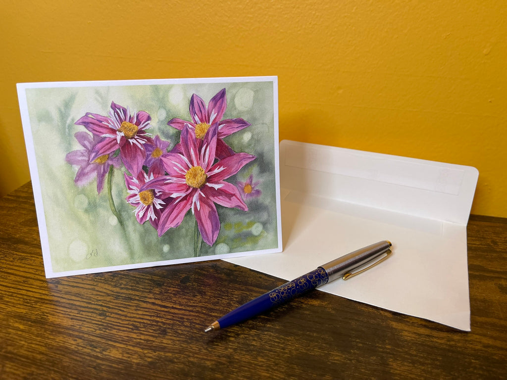 Bursting Dahlias Blank Greeting Card
