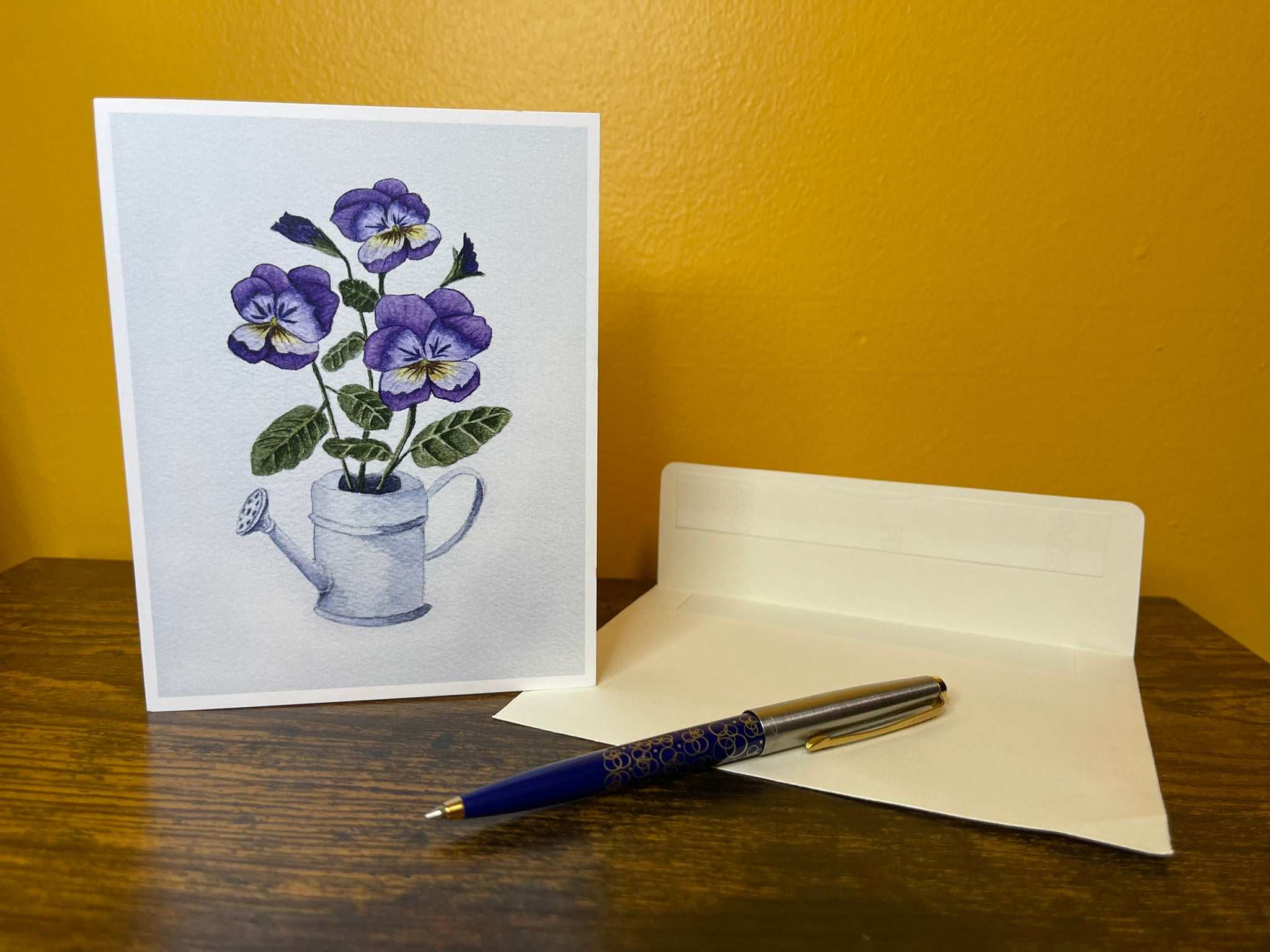 Pansies in Watering Can Blank Greeting Card