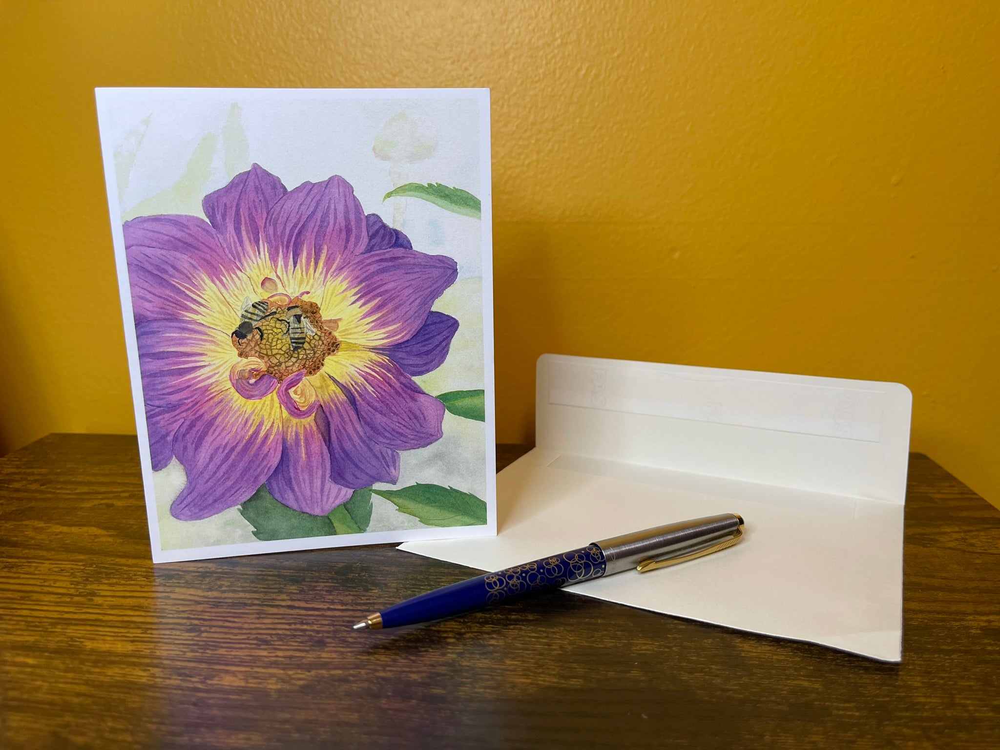 Bees on Purple Dahlia Blank Greeting Card